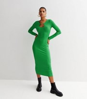 New Look Green Ribbed Jersey Long Sleeve Chain Trim Midi Bodycon Dress